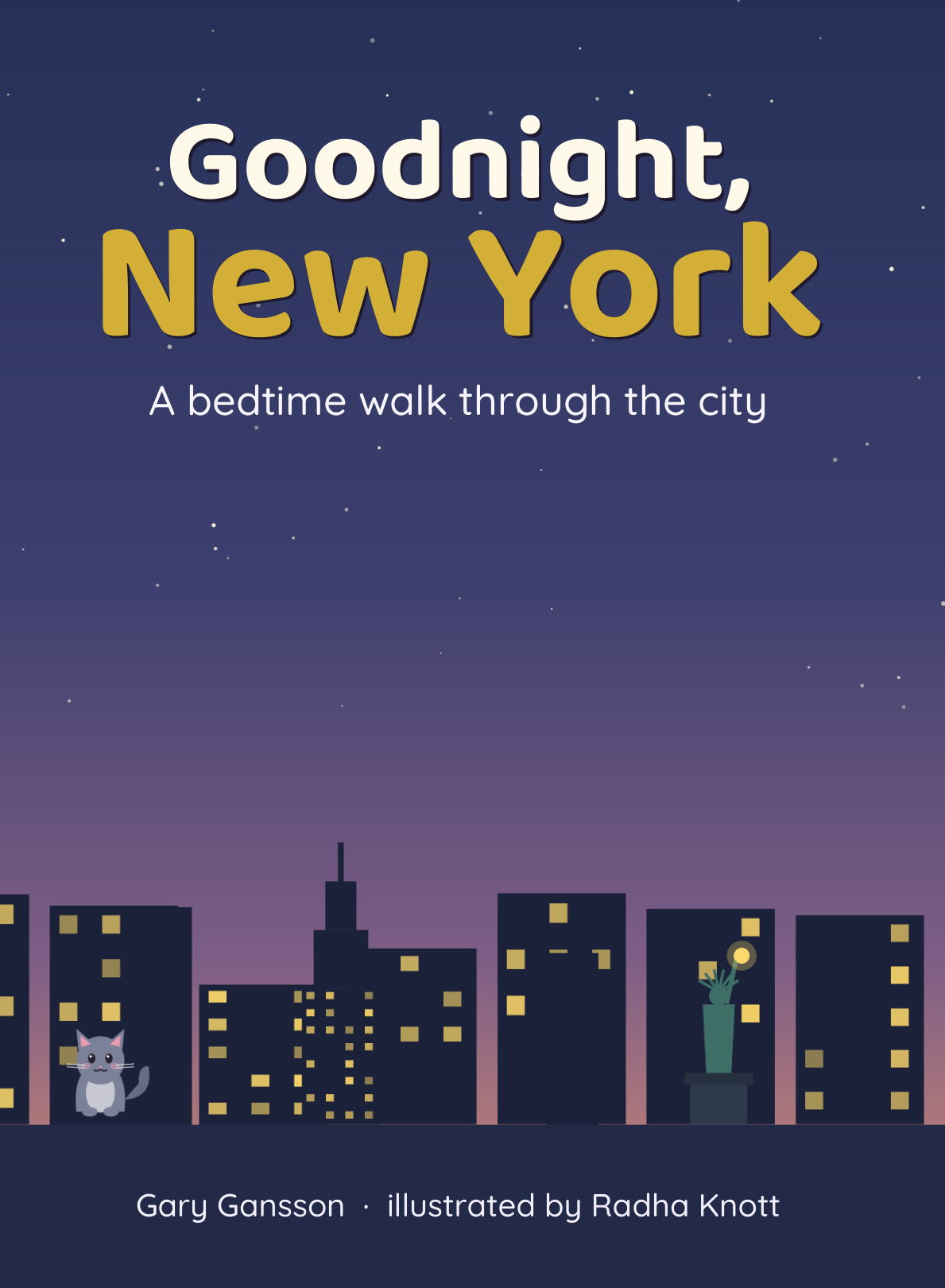 Cover of Goodnight, New York – Mycroft the grey cat gazes at the Manhattan skyline at night